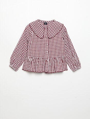 Blusa de cuadros de gasa de algodón y cuello de fantasía