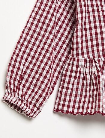 Blusa de cuadros de gasa de algodón y cuello de fantasía