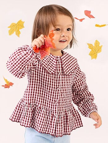 Blusa de cuadros de gasa de algodón y cuello de fantasía