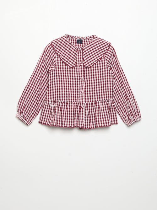Blusa de cuadros de gasa de algodón y cuello de fantasía - Kiabi Blusa de cuadros de gasa de algodón y cuello de fantasía - Kiabi