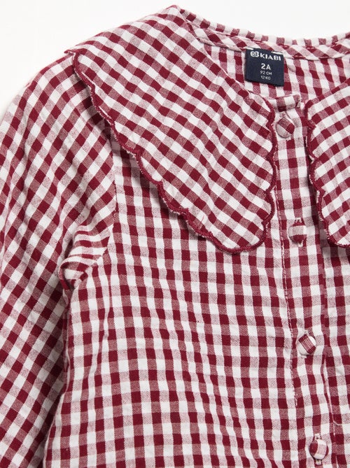 Blusa de cuadros de gasa de algodón y cuello de fantasía - Kiabi Blusa de cuadros de gasa de algodón y cuello de fantasía - Kiabi