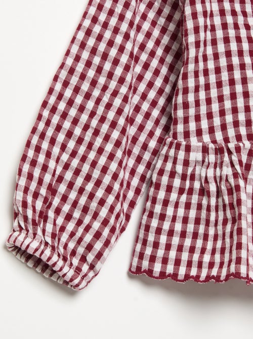 Blusa de cuadros de gasa de algodón y cuello de fantasía - Kiabi Blusa de cuadros de gasa de algodón y cuello de fantasía - Kiabi