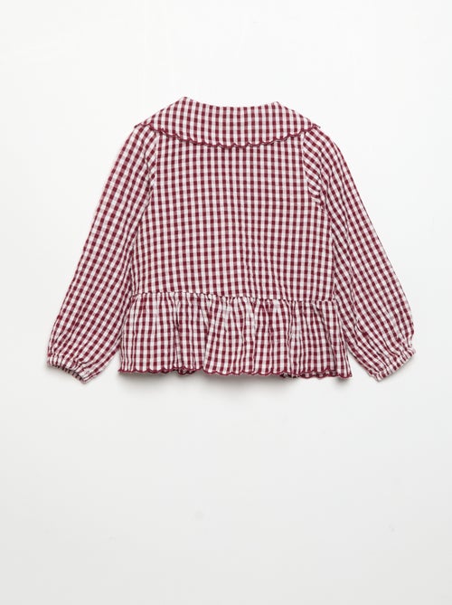 Blusa de cuadros de gasa de algodón y cuello de fantasía - Kiabi Blusa de cuadros de gasa de algodón y cuello de fantasía - Kiabi