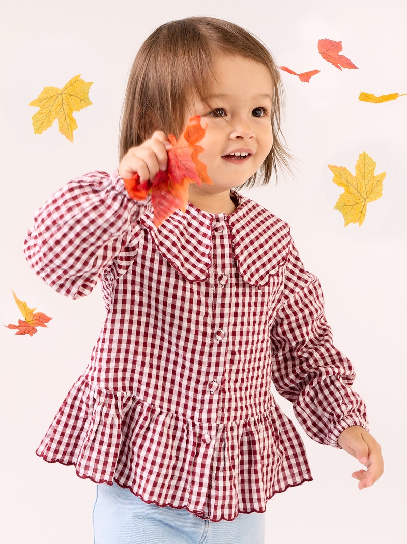 Blusa de cuadros de gasa de algodón y cuello de fantasía Burdeos - Kiabi