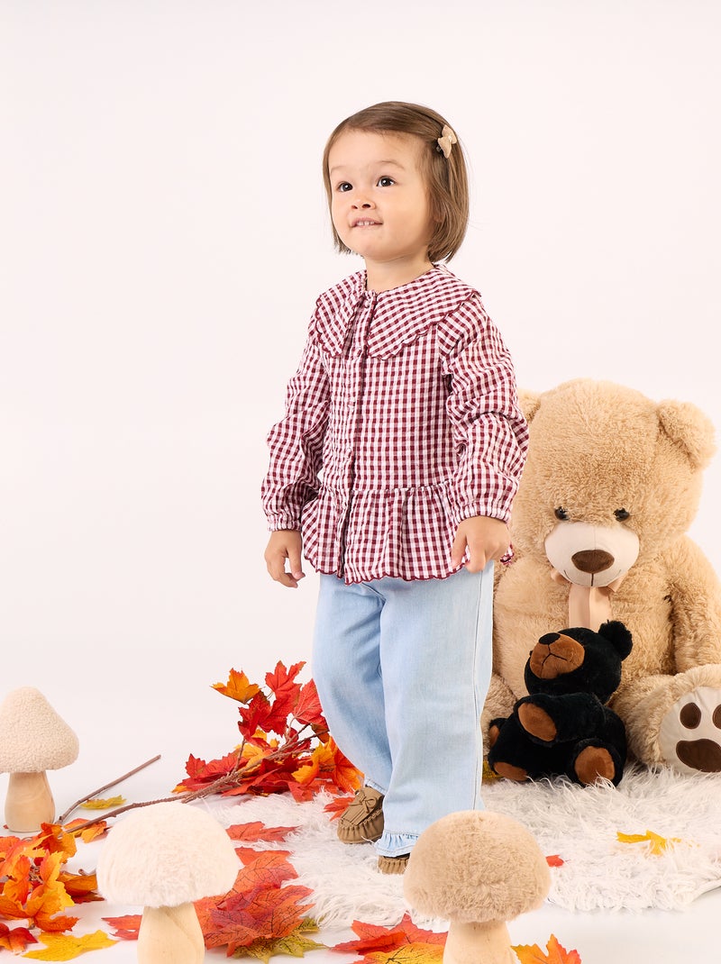 Blusa de cuadros de gasa de algodón y cuello de fantasía Burdeos - Kiabi
