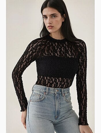 Blusa de cuello redondo de corte entallado con encaje de guipur hiccup