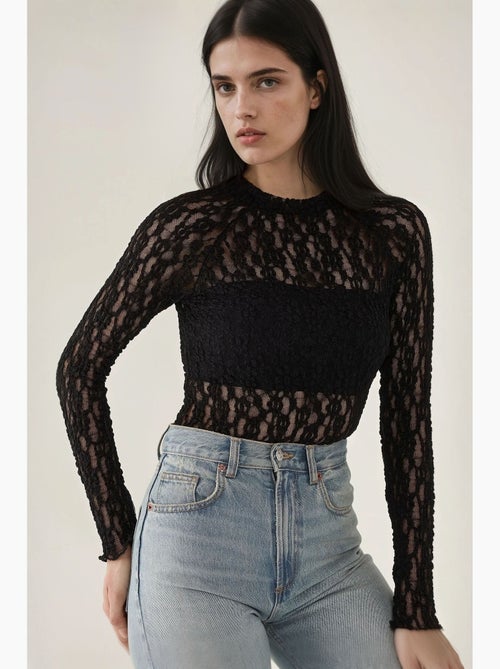 Blusa de cuello redondo de corte entallado con encaje de guipur hiccup - Kiabi Blusa de cuello redondo de corte entallado con encaje de guipur hiccup - Kiabi
