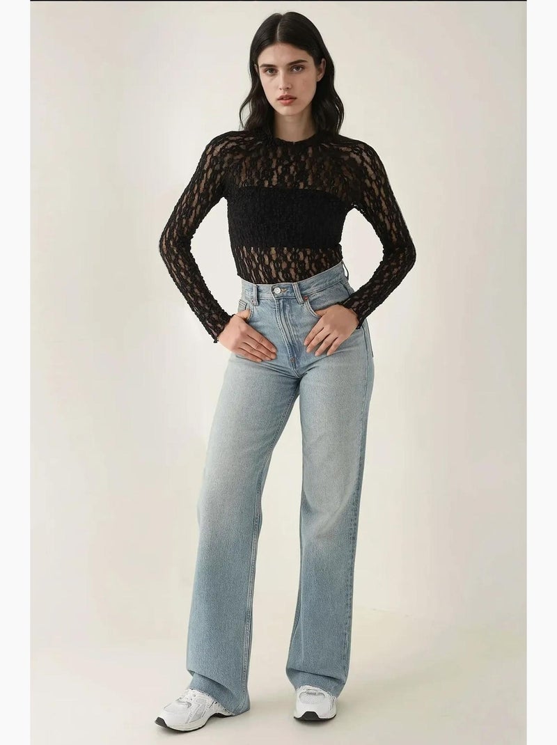 Blusa de cuello redondo de corte entallado con encaje de guipur hiccup Negro - Kiabi