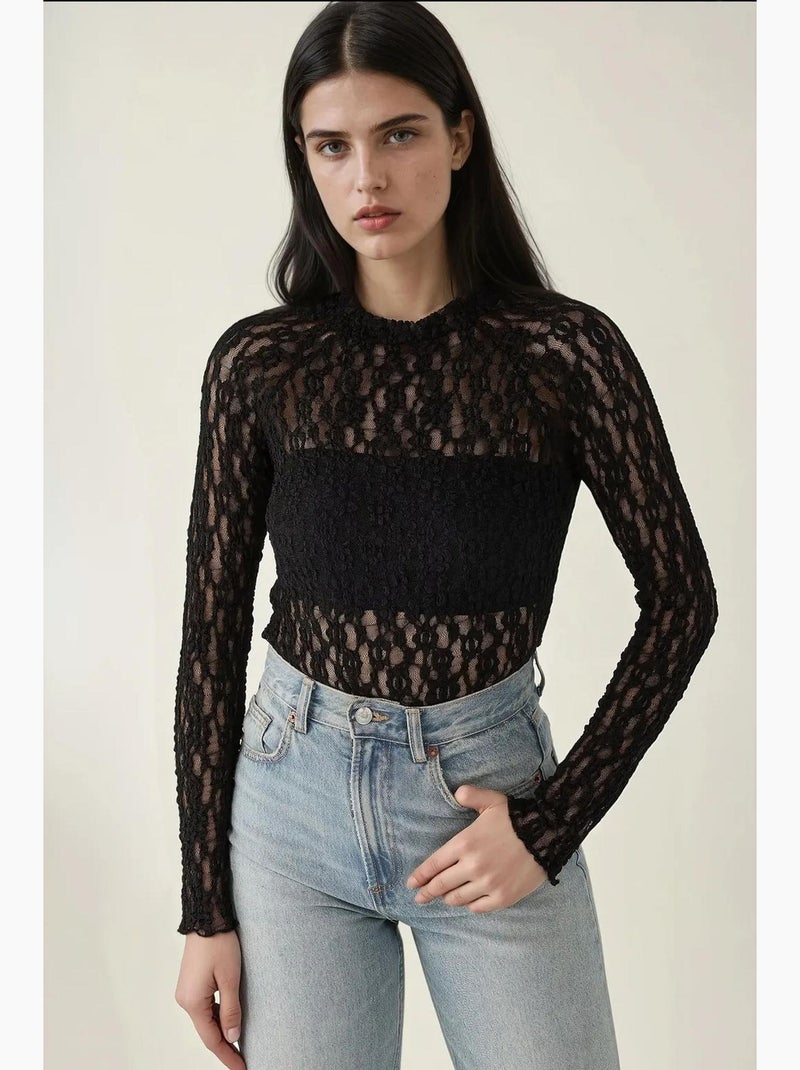 Blusa de cuello redondo de corte entallado con encaje de guipur hiccup Negro - Kiabi