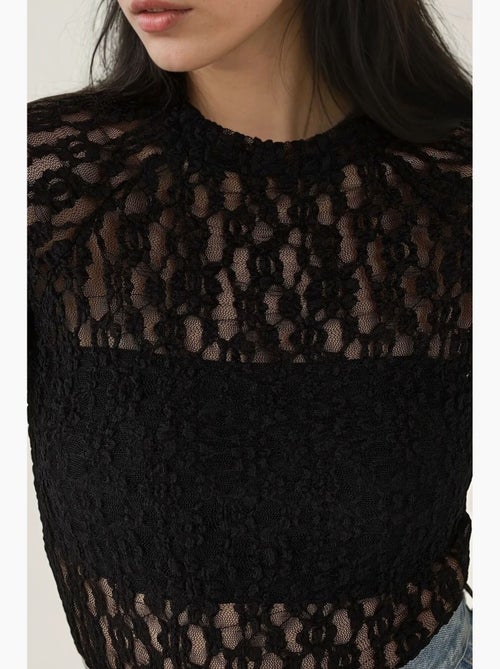 Blusa de cuello redondo de corte entallado con encaje de guipur hiccup - Kiabi Blusa de cuello redondo de corte entallado con encaje de guipur hiccup - Kiabi