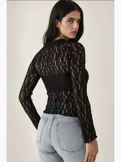Blusa de cuello redondo de corte entallado con encaje de guipur hiccup - Kiabi Blusa de cuello redondo de corte entallado con encaje de guipur hiccup - Kiabi