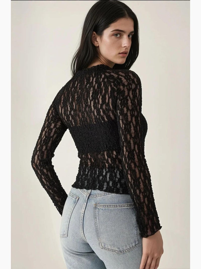 Blusa de cuello redondo de corte entallado con encaje de guipur hiccup Negro - Kiabi