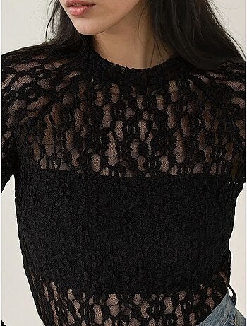 Blusa de cuello redondo de corte entallado con encaje de guipur
