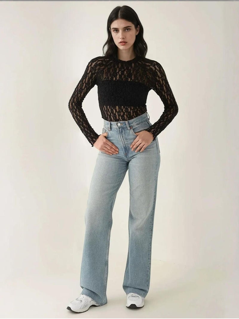 Blusa de cuello redondo de corte entallado con encaje de guipur Negro - Kiabi