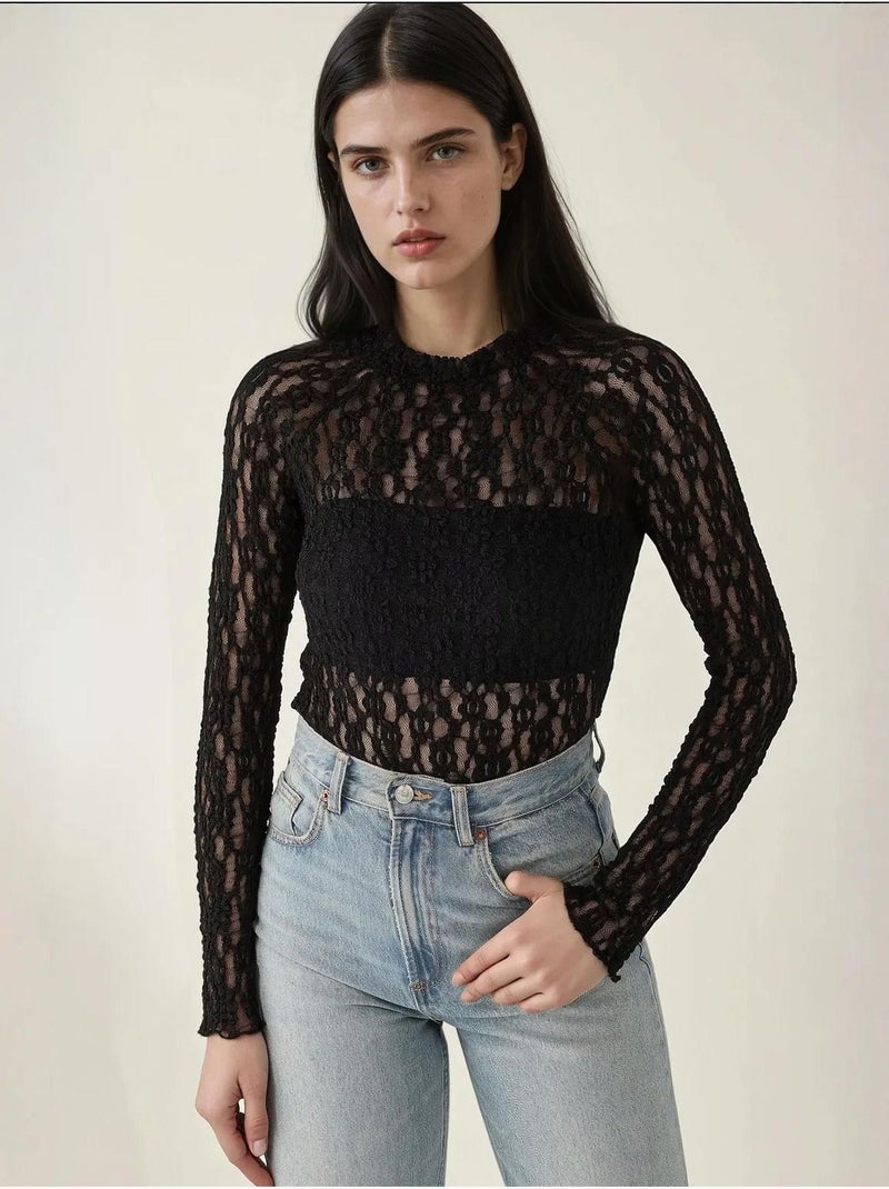 Blusa de cuello redondo de corte entallado con encaje de guipur Negro - Kiabi
