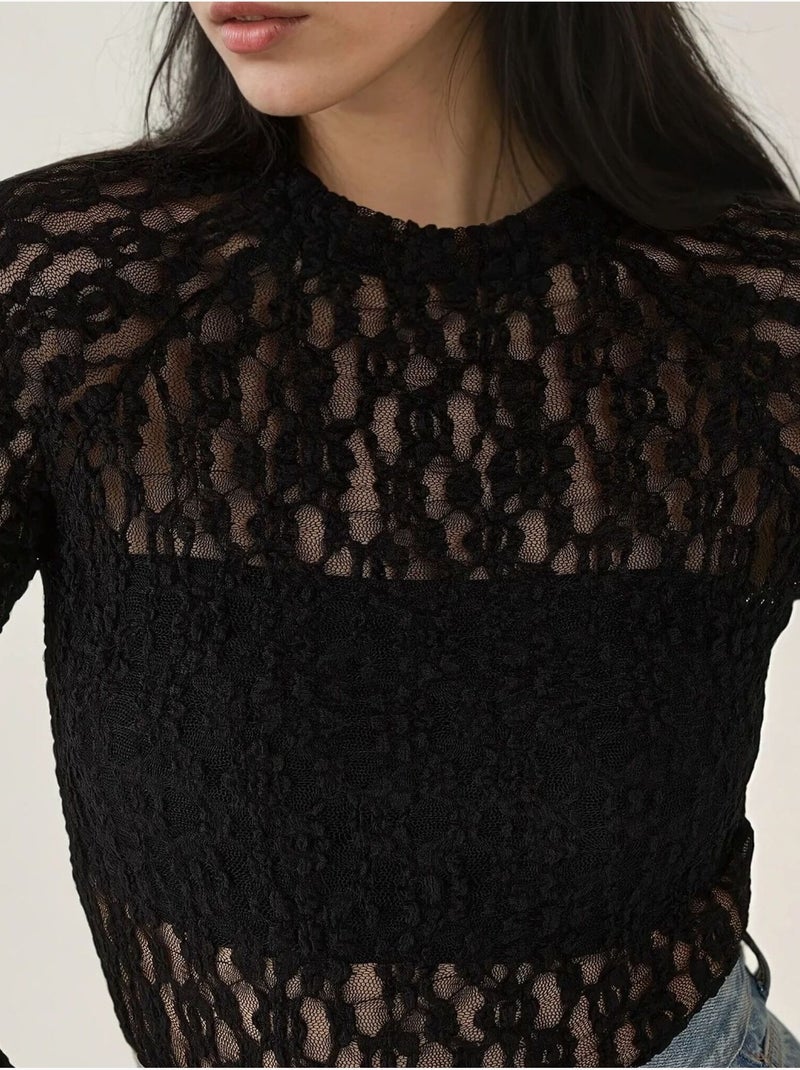 Blusa de cuello redondo de corte entallado con encaje de guipur Negro - Kiabi