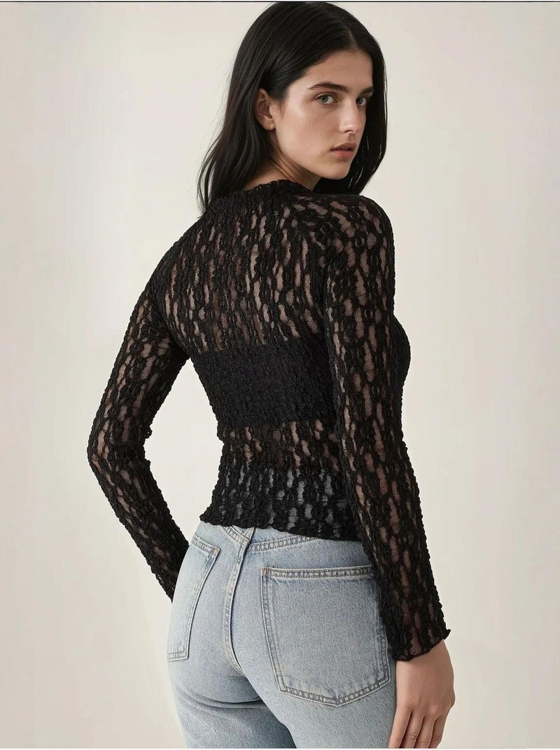 Blusa de cuello redondo de corte entallado con encaje de guipur Negro - Kiabi