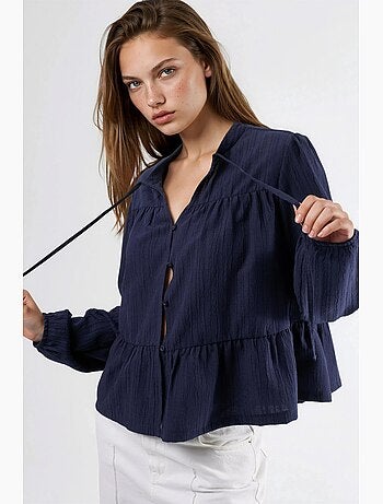 Blusa de cuello tippet de manga larga estilo bohemio hiccup
