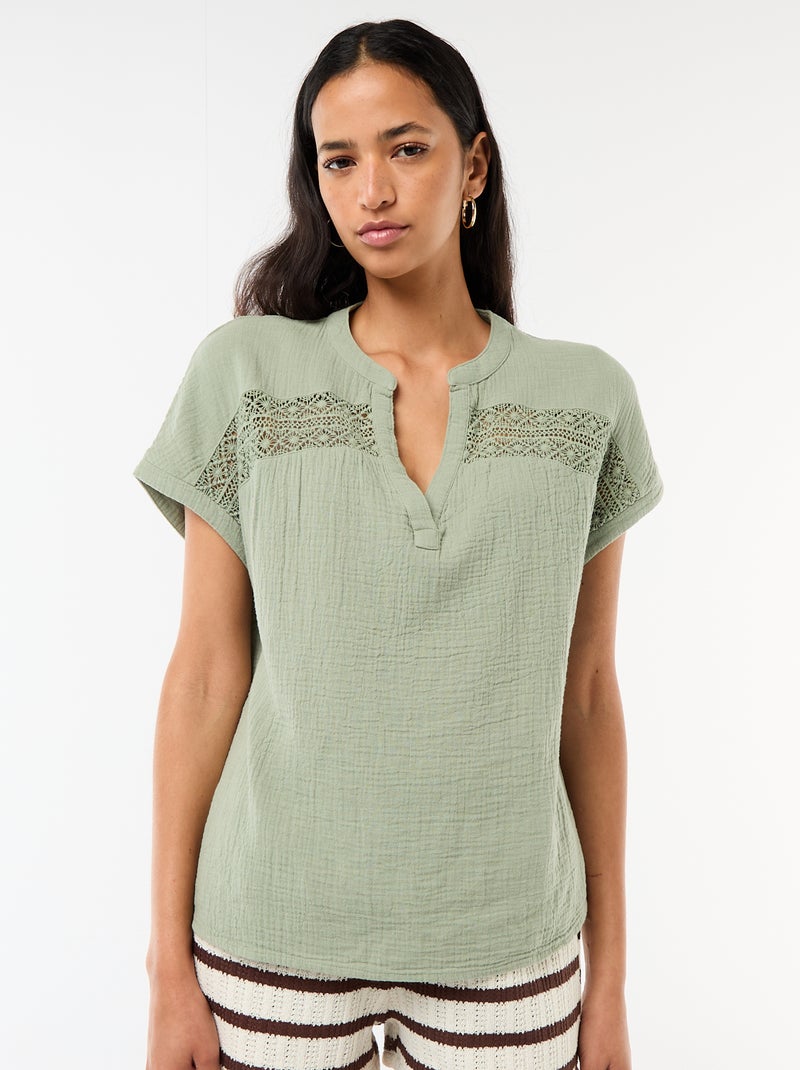 Blusa de doble gasa de algodón con bordados Azul - Kiabi