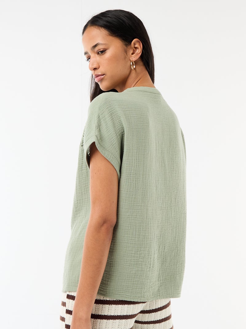 Blusa de doble gasa de algodón con bordados Azul - Kiabi