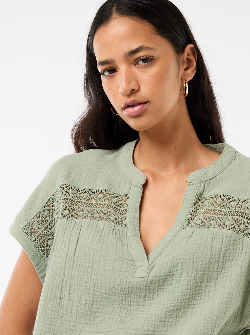 Blusa de doble gasa de algodón con bordados Azul - Kiabi