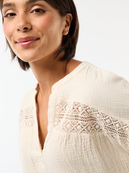 Blusa de doble gasa de algodón con bordados - Kiabi