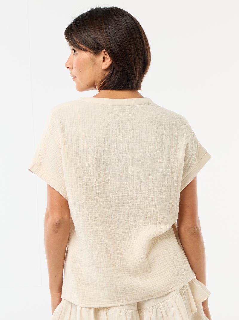 Blusa de doble gasa de algodón con bordados Blanco - Kiabi