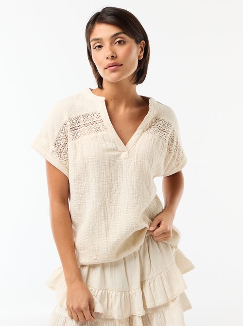 Blusa de doble gasa de algodón con bordados - Kiabi