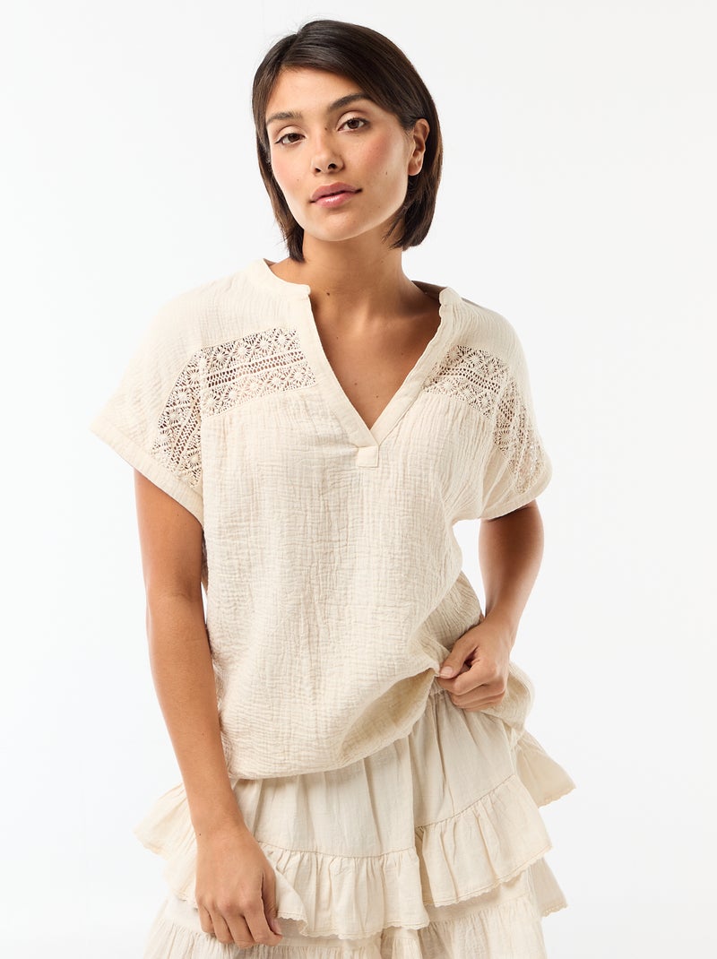 Blusa de doble gasa de algodón con bordados Blanco - Kiabi