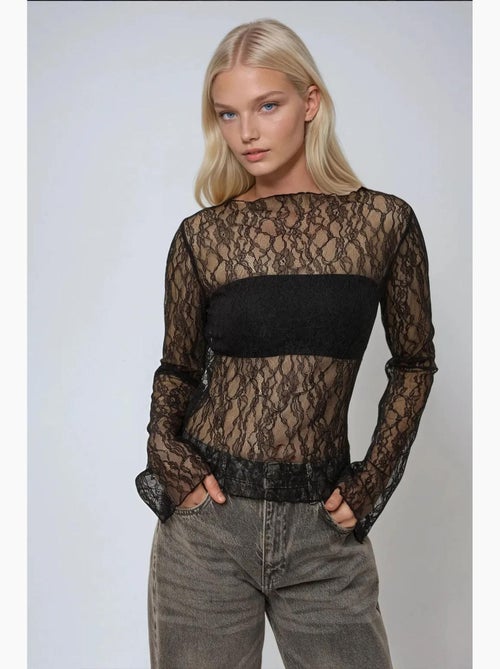 Blusa de encaje con cuello redondo hiccup - Kiabi Blusa de encaje con cuello redondo hiccup - Kiabi