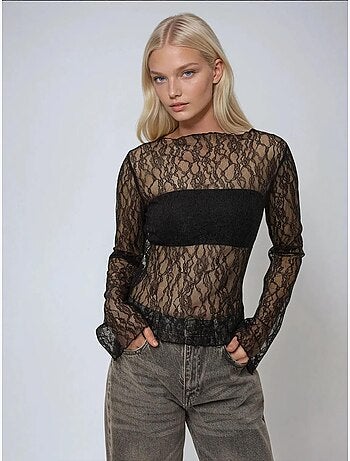 Blusa de encaje con cuello redondo