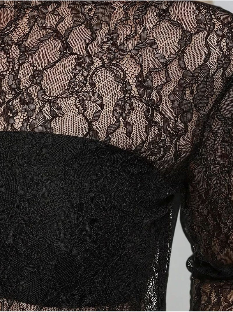 Blusa de encaje con cuello redondo Negro - Kiabi