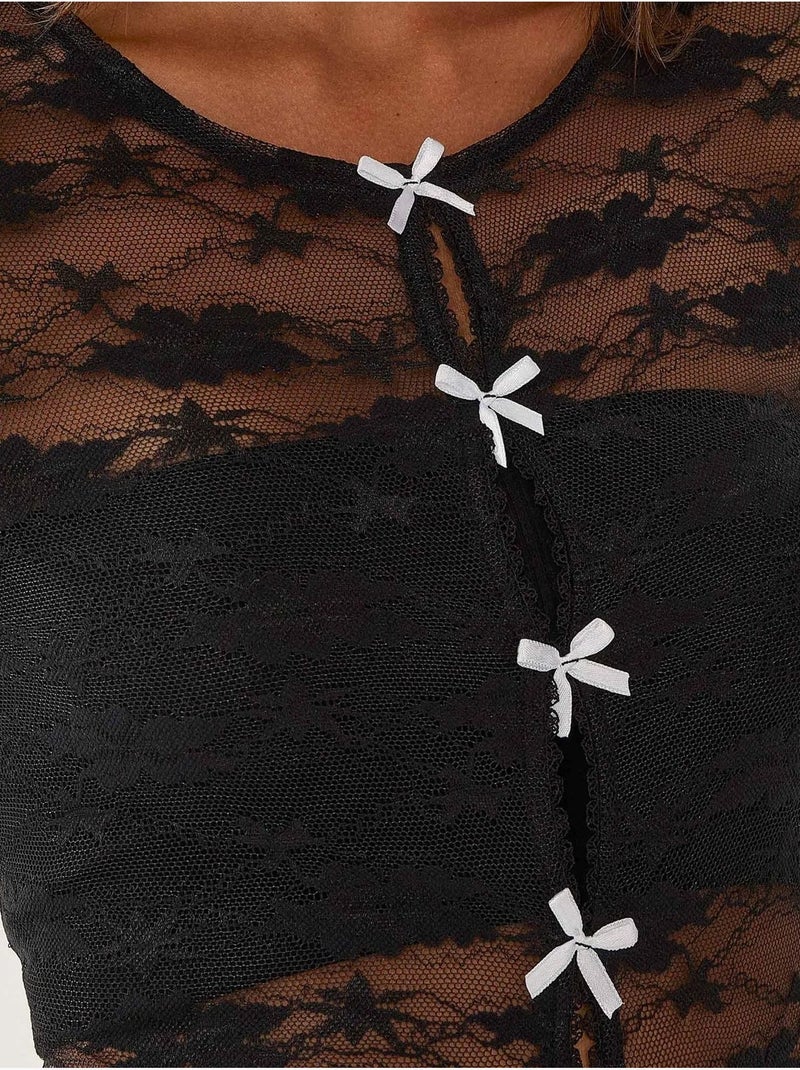 Blusa de encaje con detalle de lazo Negro - Kiabi