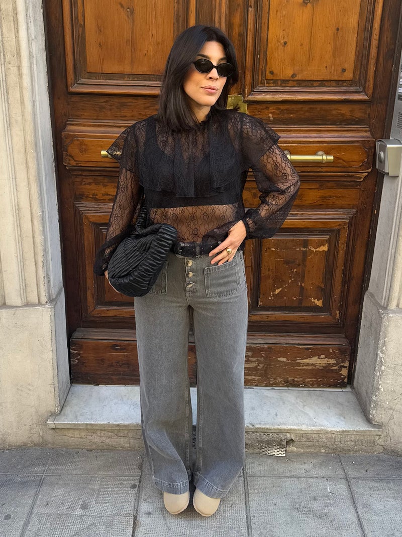 Blusa de encaje con volantes negro - Kiabi