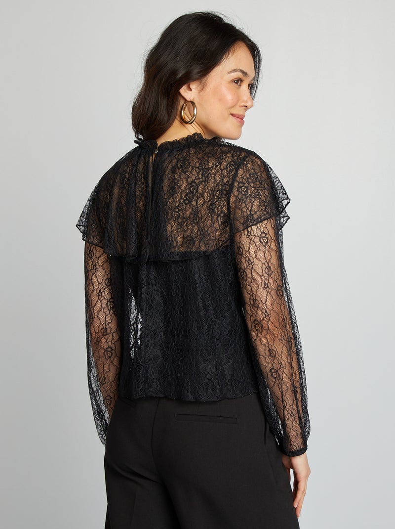 Blusa de encaje con volantes negro - Kiabi