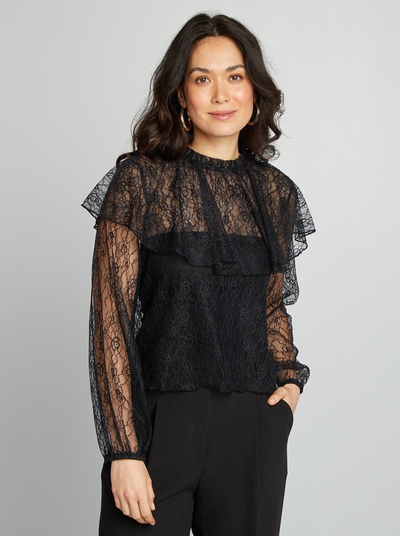 Blusa de encaje con volantes negro - Kiabi