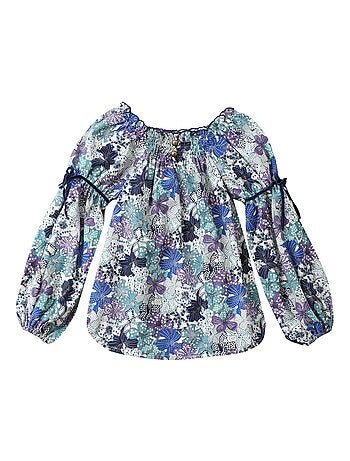 Blusa de Entretiempo con Flores para Niña | Liberty Azul y Lila | Cuello Smocks | CHIMENE