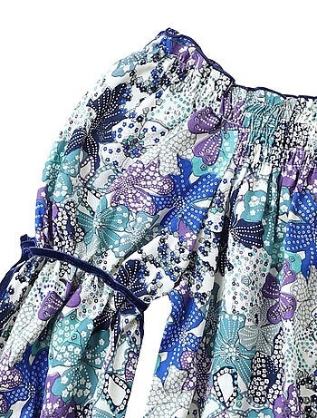 Blusa de Entretiempo con Flores para Niña | Liberty Azul y Lila | Cuello Smocks | CHIMENE