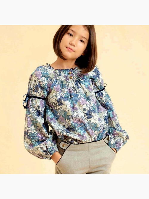 Blusa de Entretiempo con Flores para Niña | Liberty Azul y Lila | Cuello Smocks | CHIMENE - Kiabi