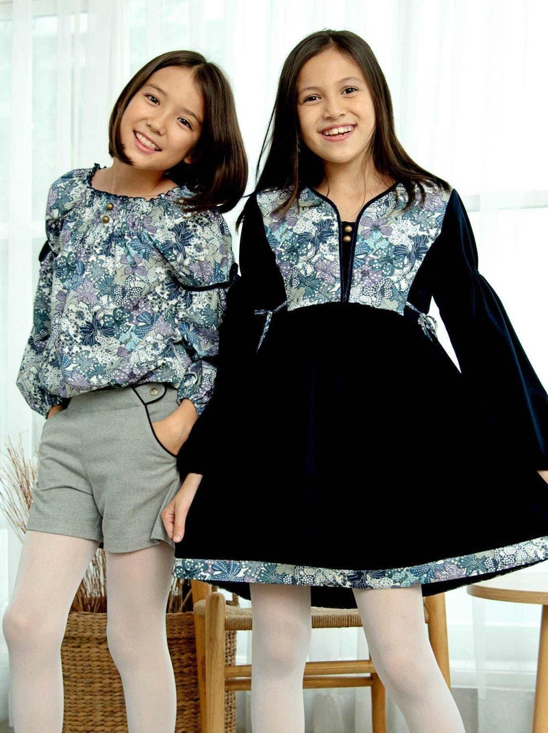 Blusa de Entretiempo con Flores para Niña | Liberty Azul y Lila | Cuello Smocks | CHIMENE Azul Violeta claro Blanco - Kiabi