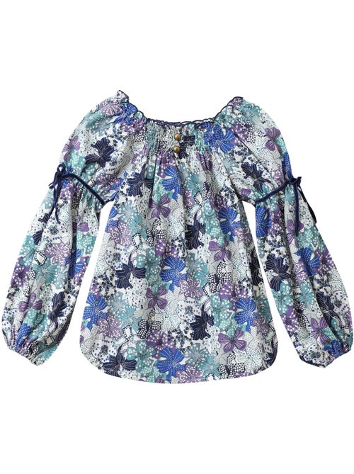 Blusa de Entretiempo con Flores para Niña | Liberty Azul y Lila | Cuello Smocks | CHIMENE - Kiabi