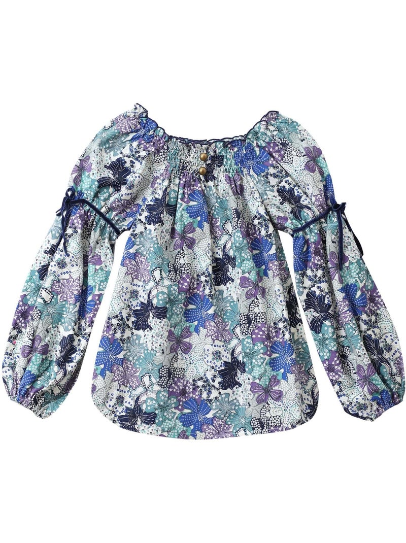 Blusa de Entretiempo con Flores para Niña | Liberty Azul y Lila | Cuello Smocks | CHIMENE Azul Violeta claro Blanco - Kiabi