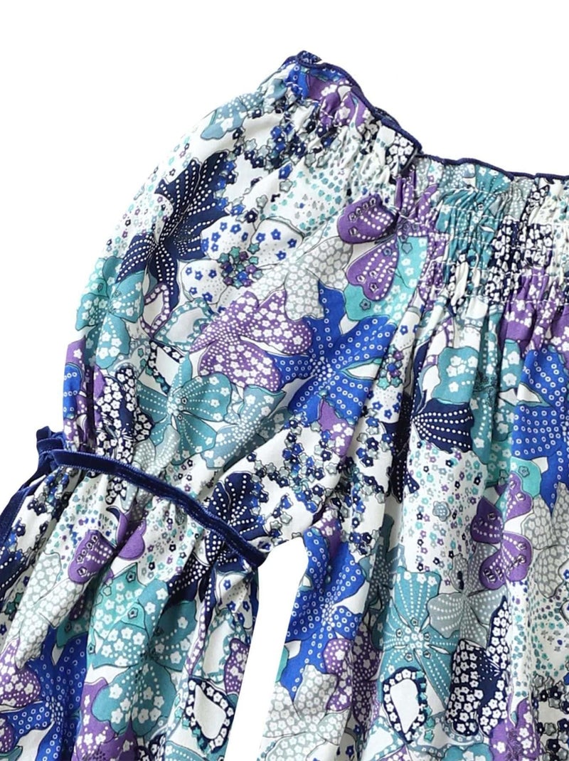 Blusa de Entretiempo con Flores para Niña | Liberty Azul y Lila | Cuello Smocks | CHIMENE Azul Violeta claro Blanco - Kiabi