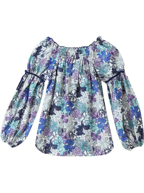 Blusa de Entretiempo con Flores para Niña | Liberty Azul y Lila | Cuello Smocks | CHIMENE - Kiabi