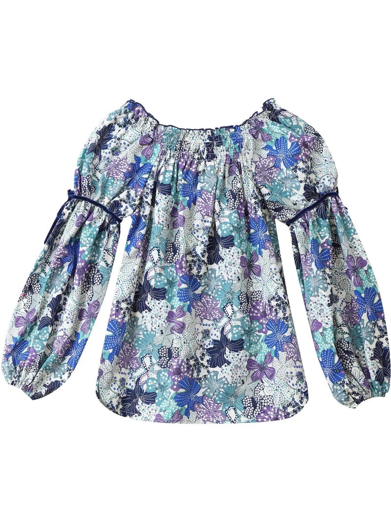 Blusa de Entretiempo con Flores para Niña | Liberty Azul y Lila | Cuello Smocks | CHIMENE Azul Violeta claro Blanco - Kiabi