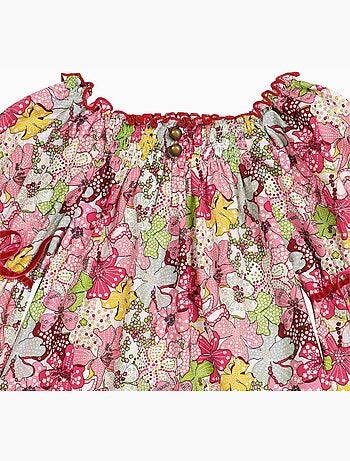 Blusa de Entretiempo con Flores para Niña | Liberty Rojo | Cuello Smocks | CHIMENE