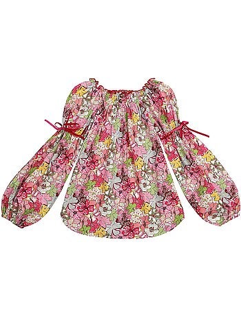 Blusa de Entretiempo con Flores para Niña | Liberty Rojo | Cuello Smocks | CHIMENE