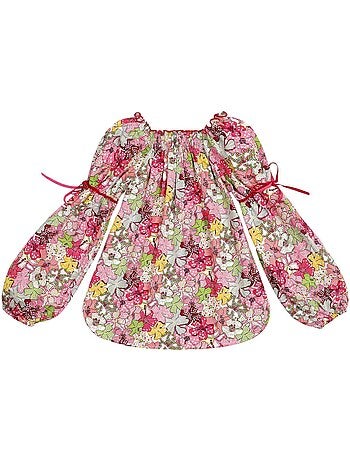 Blusa de Entretiempo con Flores para Niña | Liberty Rojo | Cuello Smocks | CHIMENE