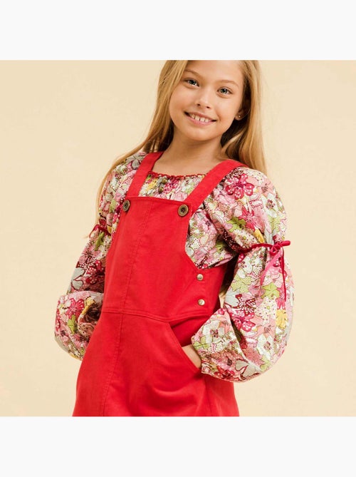 Blusa de Entretiempo con Flores para Niña | Liberty Rojo | Cuello Smocks | CHIMENE - Kiabi