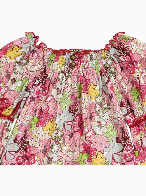 Blusa de Entretiempo con Flores para Niña | Liberty Rojo | Cuello Smocks | CHIMENE - Kiabi
